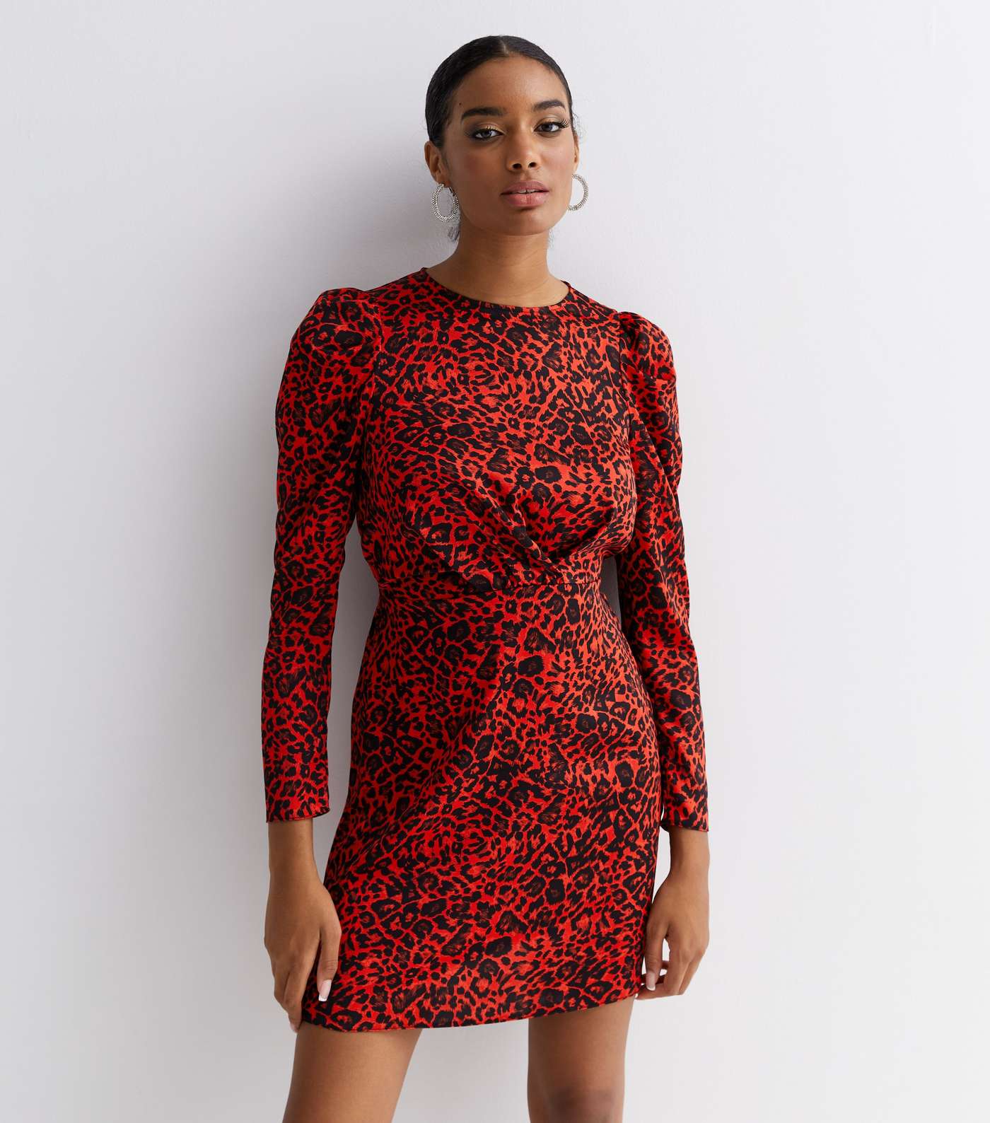 Red Animal Print Satin Long Sleeve Mini Tunic Dress