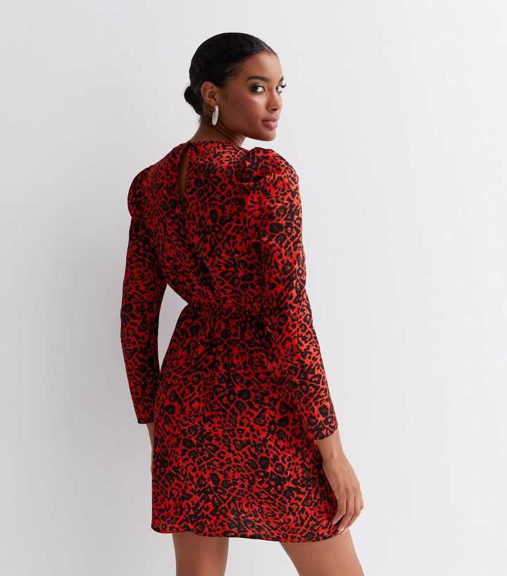 Animal Print Long Sleeve Wrap Style Midi Dress In Red Copper, FS  Collection