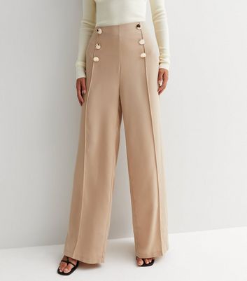 Cameo Rose Stone Military Button High Waist Wide Leg Trousers | New Look