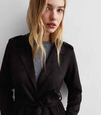 Black Suedette Belted Mac New Look