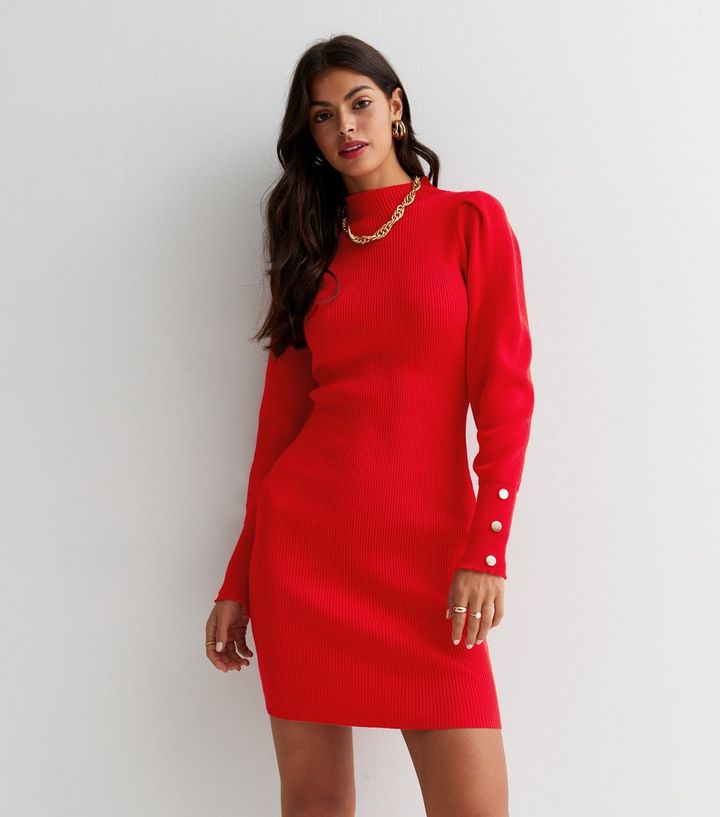 newlook.com | Cameo Rose Red Ribbed Knit High Neck Long Puff Sleeve Button Mini Dress