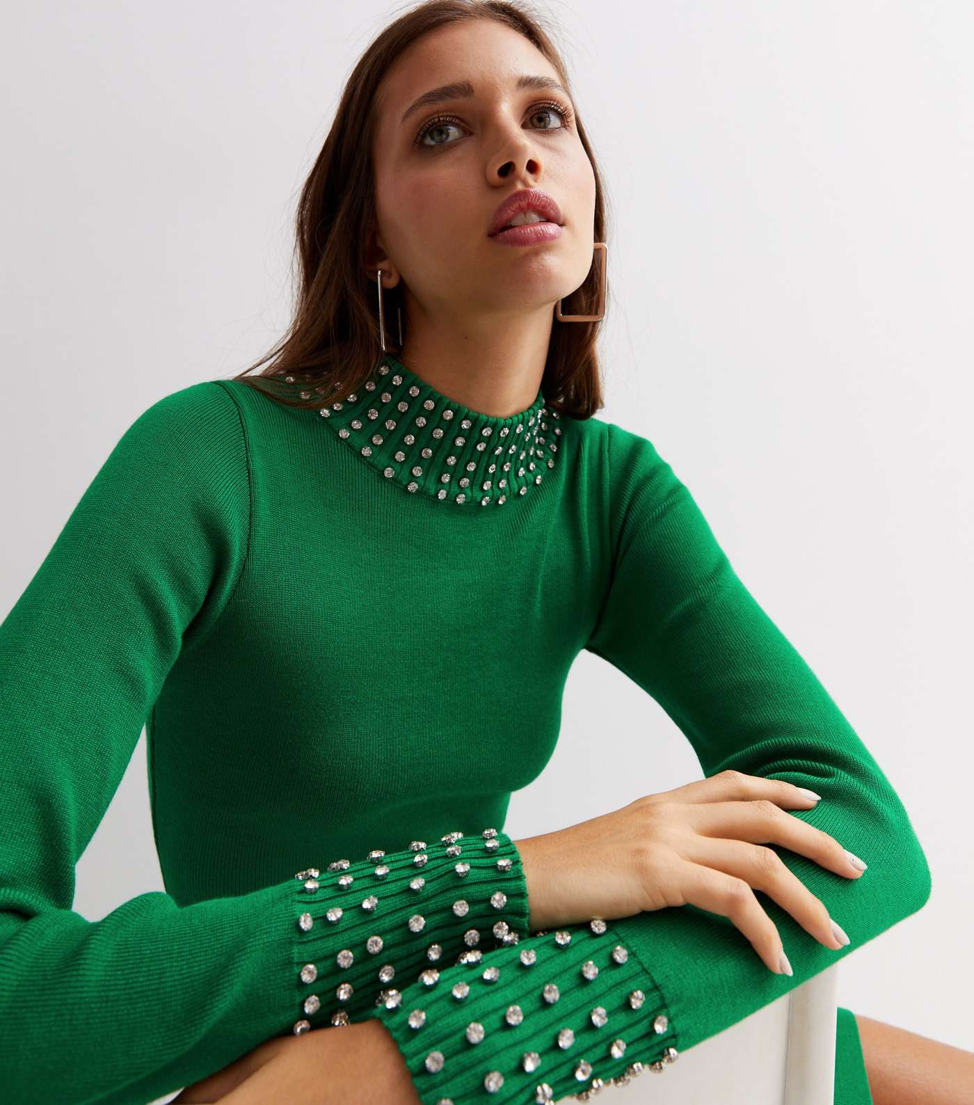 Cameo Rose Green Knit Diamanté Embellished Mini Bodycon Dress