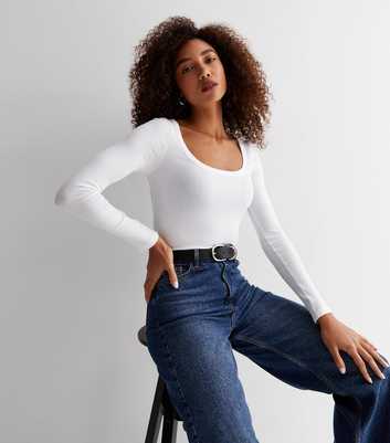 White Ribbed Jersey Scoop Neck Long Sleeve Top