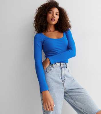 Bright Blue Ribbed Jersey Scoop Neck Long Sleeve Top