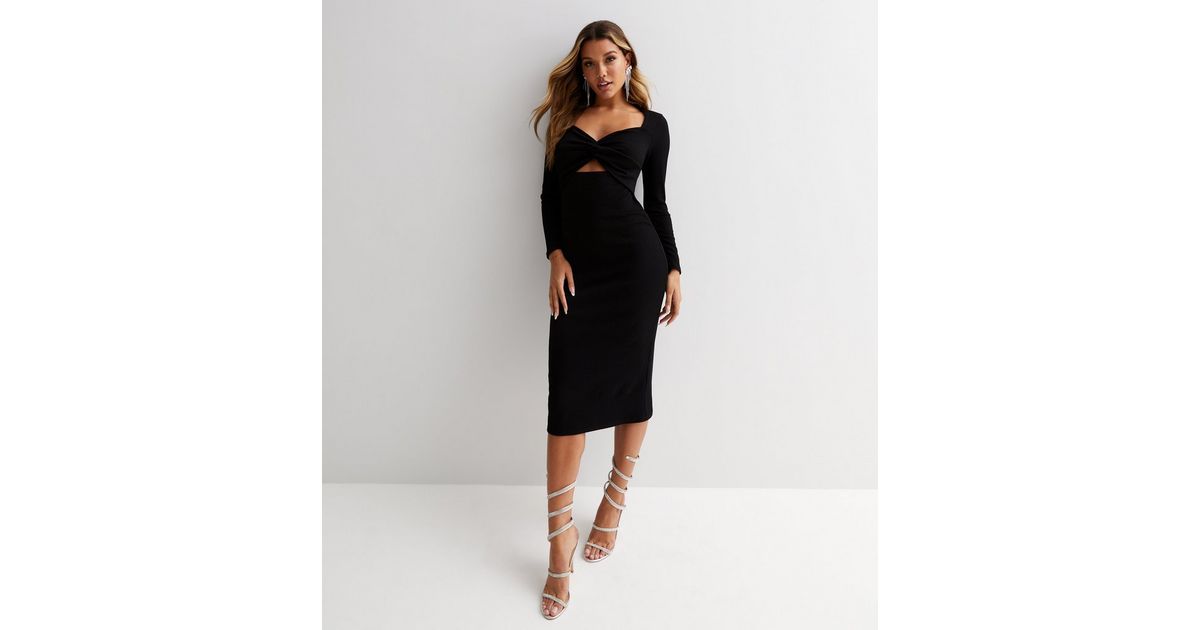 Black Ribbed Cut Out Twist Front Long Sleeve Midi Bodycon Dress | New Look