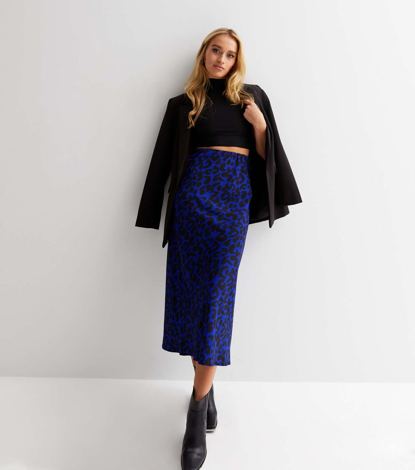 Blue Leopard Print Crepe Midi Skirt