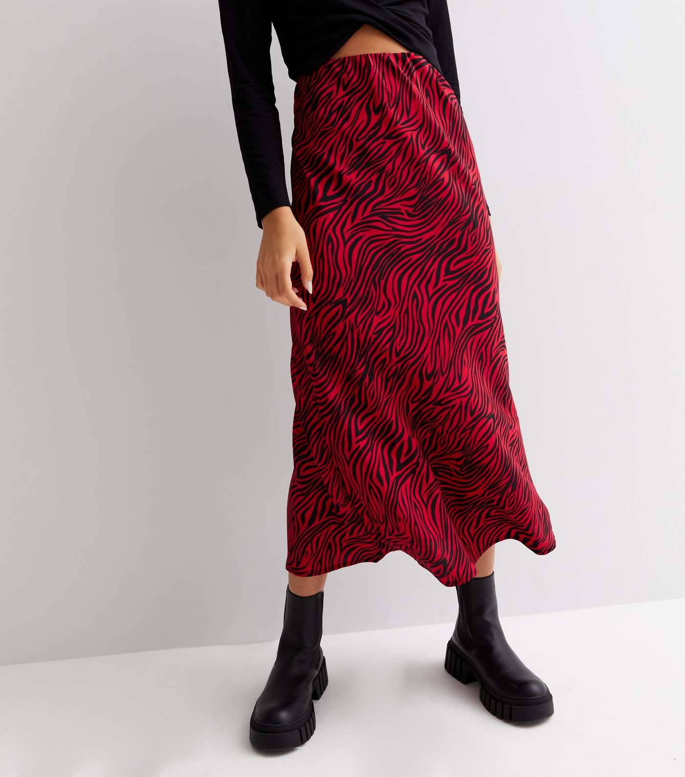 Red Zebra Print Crepe Midi Skirt Image 2