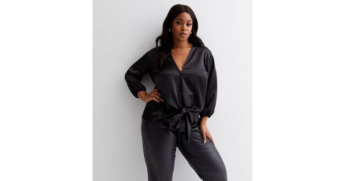 Curves Black Satin Long Sleeve Tie Front Blouse | New Look