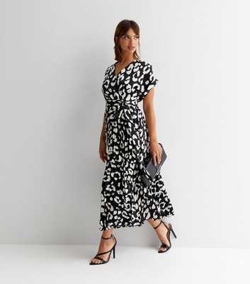Black Leopard Print Satin Short Sleeve Pleated Midi Wrap Dress