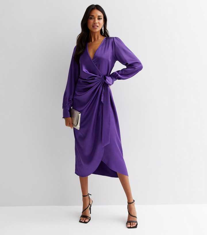Purple Satin V Neck Tie Side Long Sleeve Midi Wrap Dress