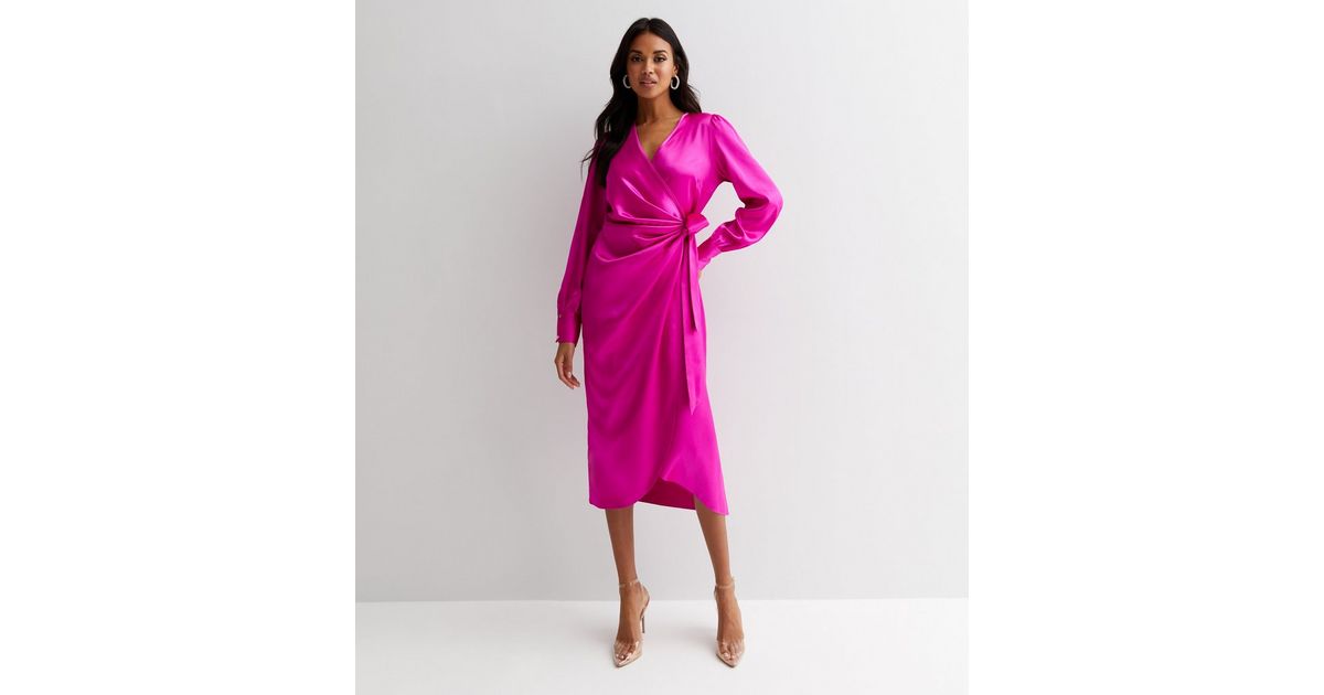 Bright Pink Satin V Neck Tie Side Long Sleeve Midi Wrap Dress