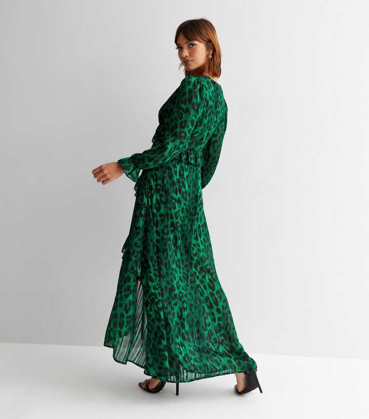 Green Animal Print Ruffle Detail V Neck Long Sleeve Midi Dress | New Look