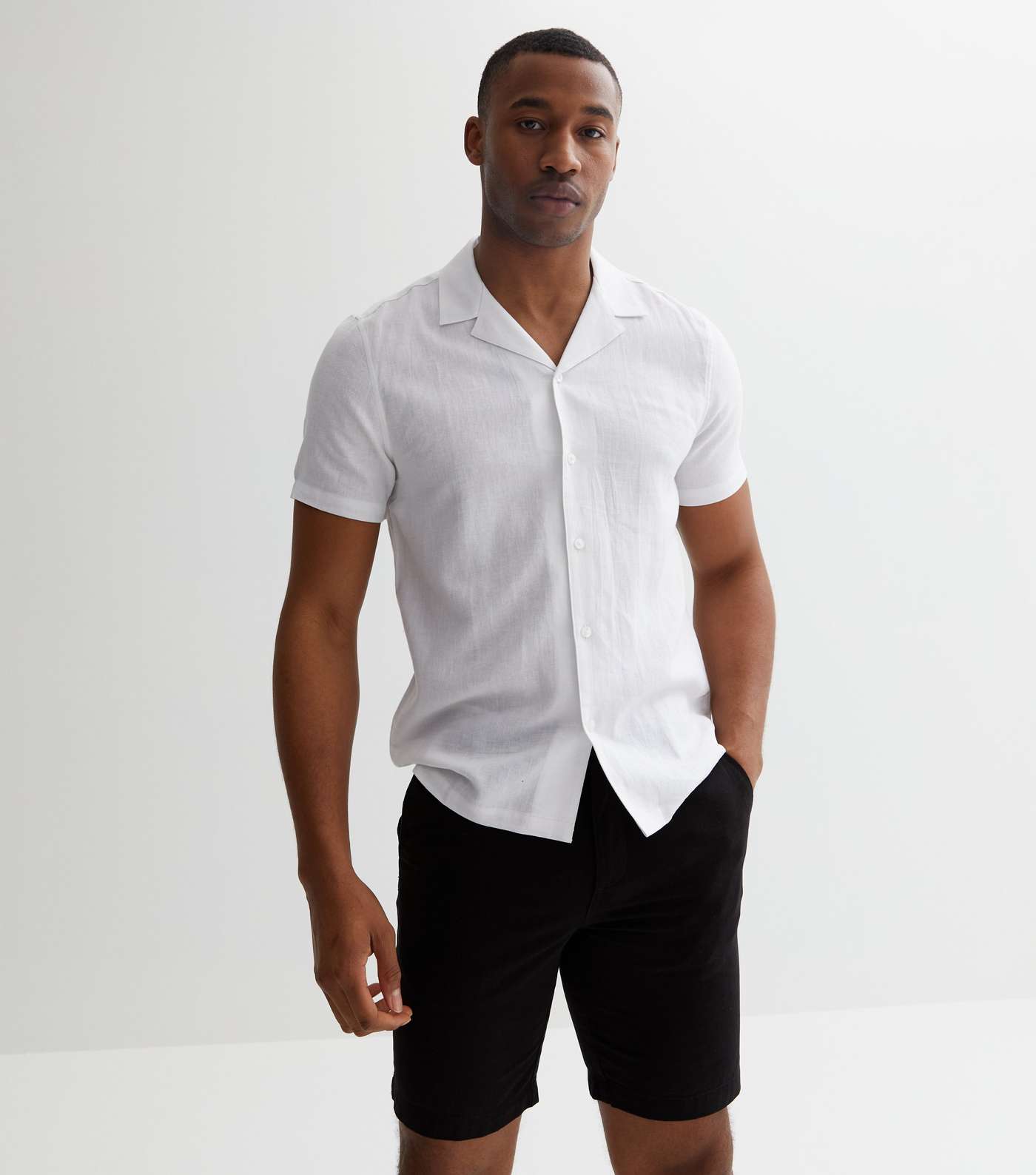White Linen Blend Revere Collar Short Sleeve Shirt Image 2