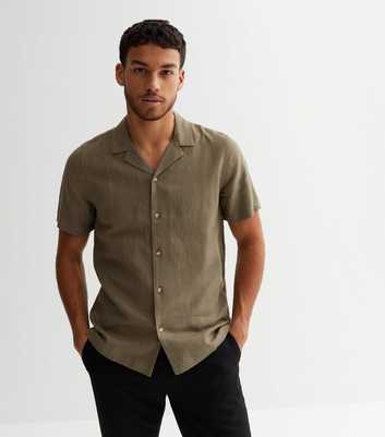 Khaki Linen Blend Revere Collar Short Sleeve Shirt