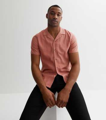 Deep Pink Linen Blend Revere Collar Short Sleeve Shirt