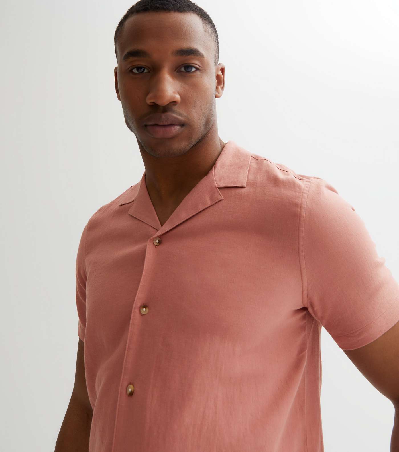 Deep Pink Linen Blend Revere Collar Short Sleeve Shirt Image 3