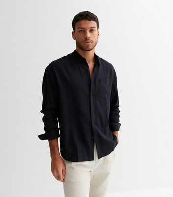 Black Linen Blend Long Sleeve Shirt