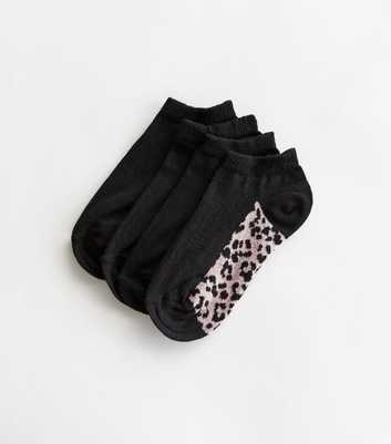 Girls 4 Pack Black Leopard Trainer Socks