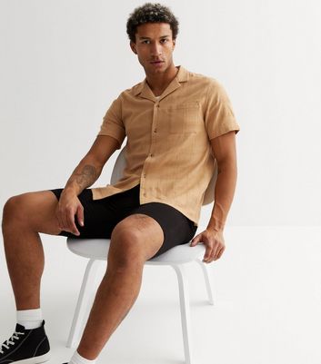 Men's Tan Grid Crepe Revere Collar Short Sleeve Pocket Front Shirt New Look