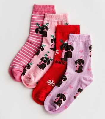 Girls 4 Pack Red Pink and Lilac Christmas Dog Socks