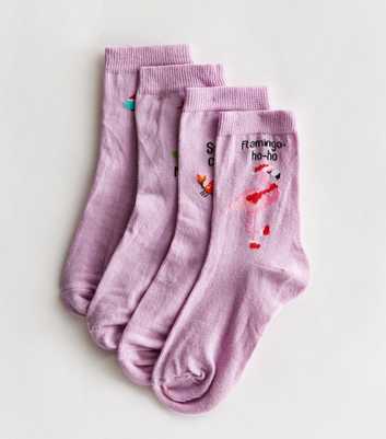 Girls 4 Pack Lilac Mixed Christmas Logo Socks