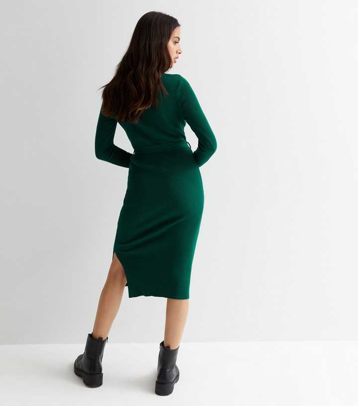 Blue Vanilla Dark Green Ribbed Glitter Knit Long Sleeve Midi Dress