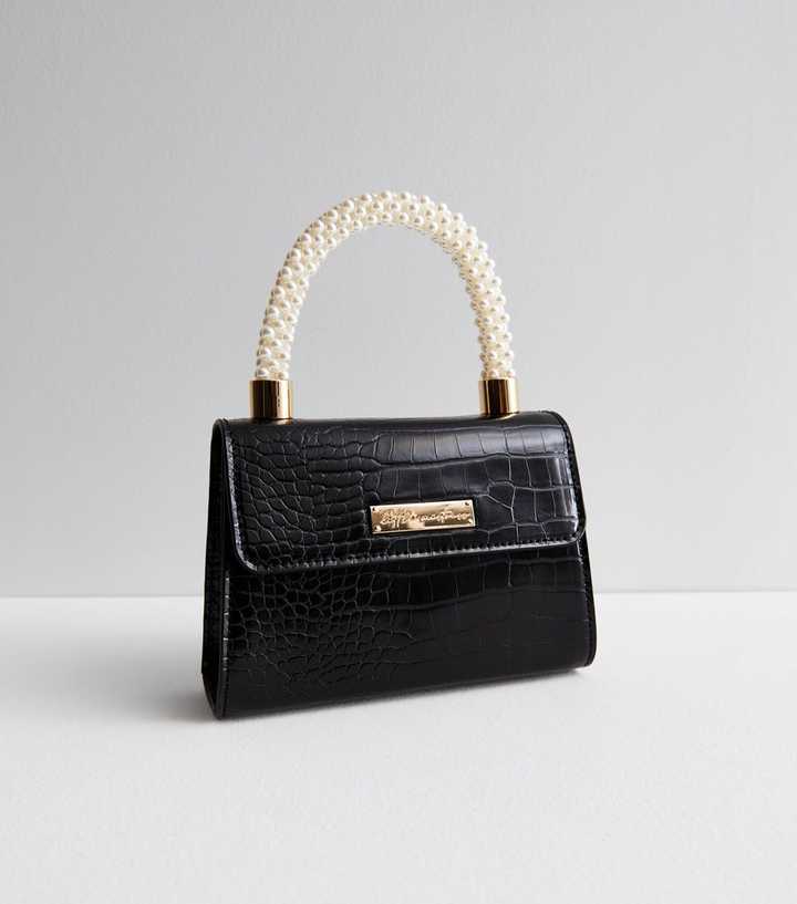 Black Box Leather Shoulder Bag with Pearl Strap