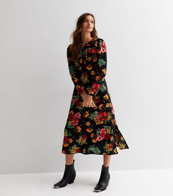 Blue Vanilla Black Floral Twist Front Long Sleeve Midi Dress