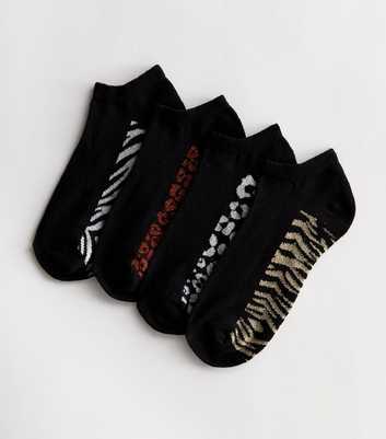 4 Pack Black Mixed Animal Print Trainer Socks