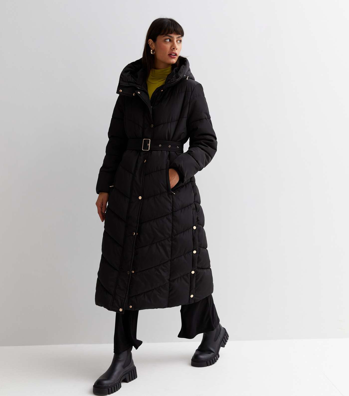 Cameo Rose Black Quilted Longline Puffer Coat