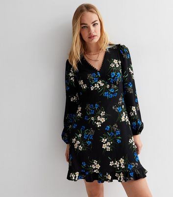 Black Floral Crinkle Lace V Neck Frill Hem Mini Dress