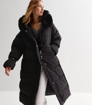 Cameo Rose Black Faux Fur Trim Hooded Long Puffer Coat New Look