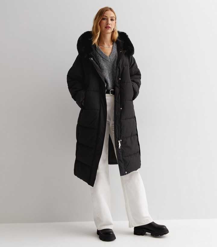 cameo rose black faux fur hooded drawstring puffer coat