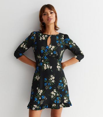 Black Floral Keyhole Frill Hem Mini Dress