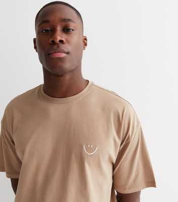 Light Brown Embroidered Smile Face Short Sleeve Oversized T-Shirt