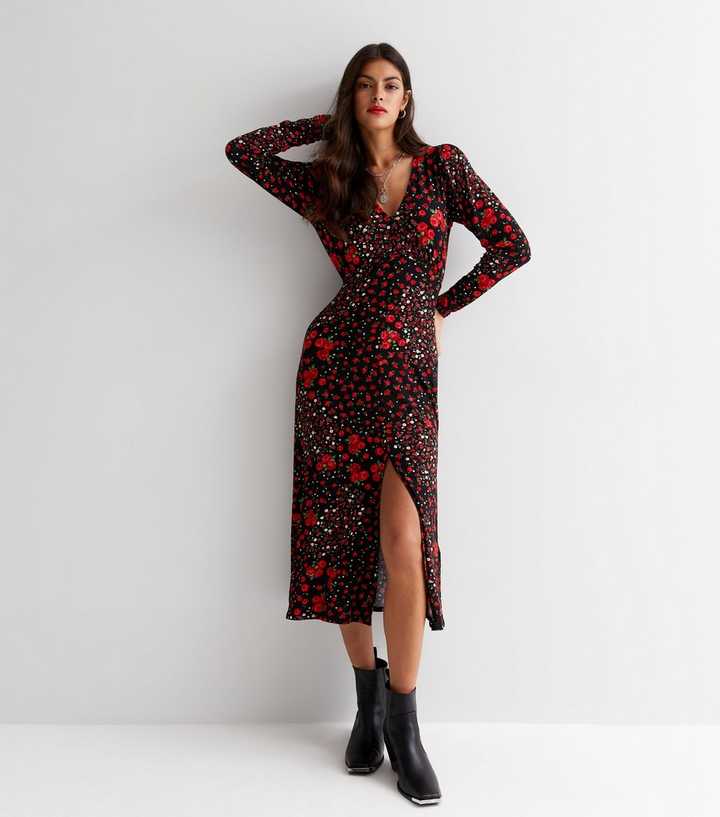 Pink And Red Floral Printed V-Neck Short Sleeve Midi Dress – AX Paris