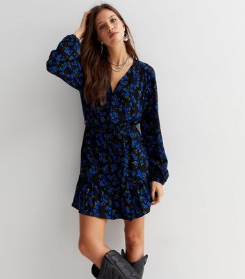 Black Floral V Neck Button Front Mini Smock Dress