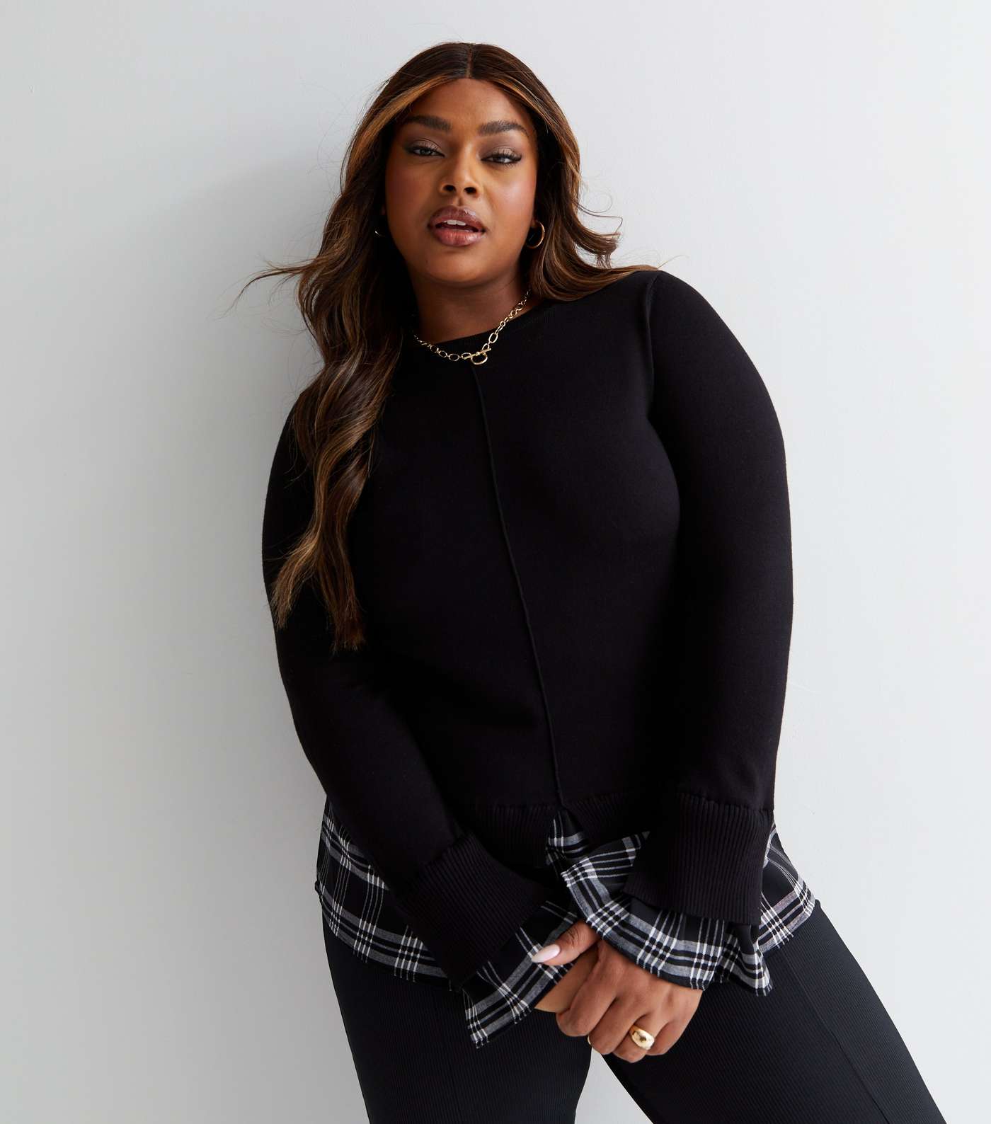 Curves Black Check 2-in-1 Crew Neck Long Sleeve Top