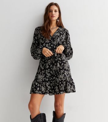 Black Ditsy Floral V Neck Button Front Mini Smock Dress