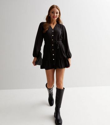 Black V Neck Long Puff Sleeve Button Front Mini Smock Dress