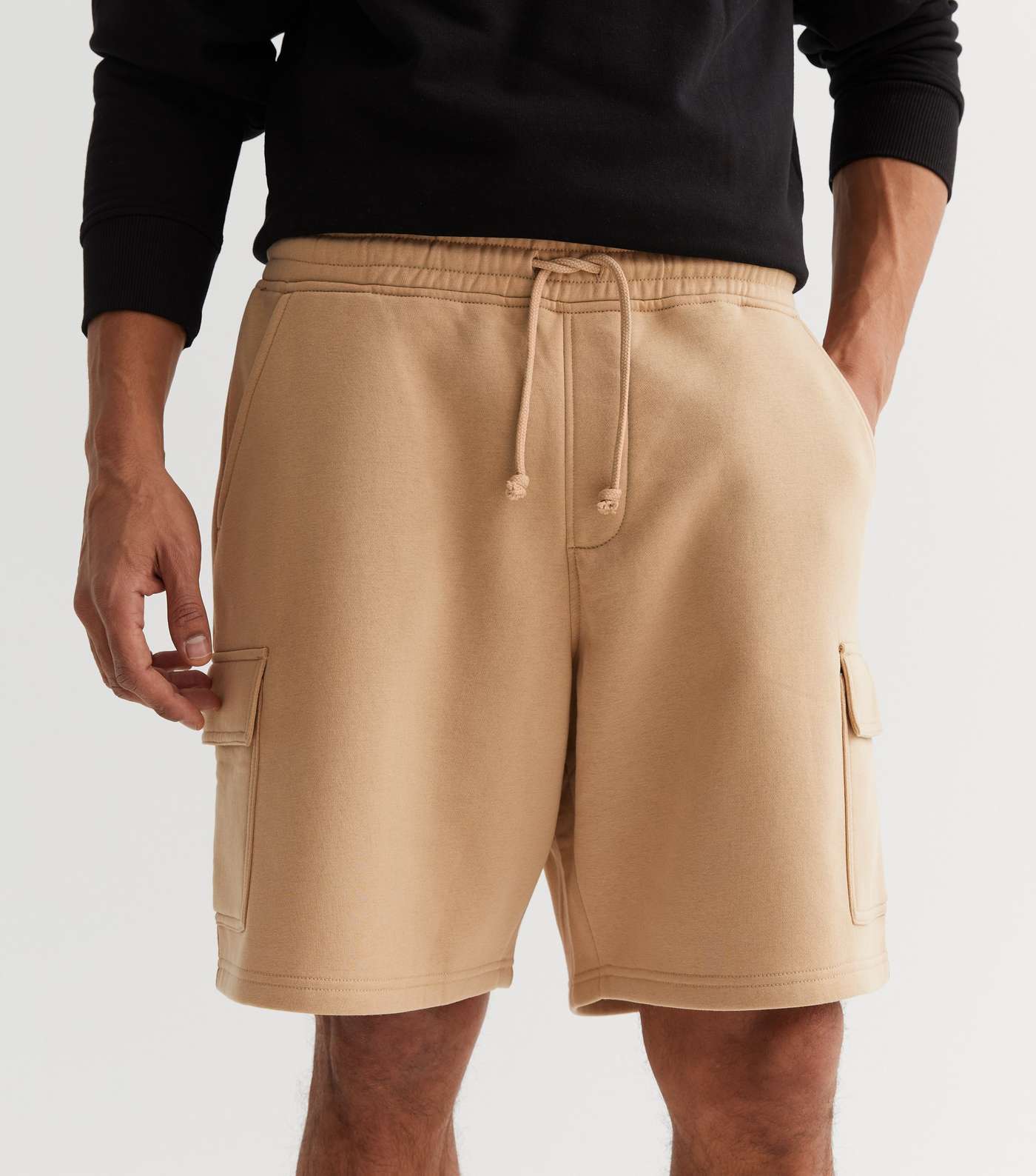 Stone Relaxed Fit Jersey Tie Waist Cargo Shorts Image 3