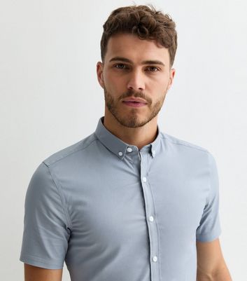 Pale Grey Short Sleeve Muscle Fit Oxford Shirt | New Look