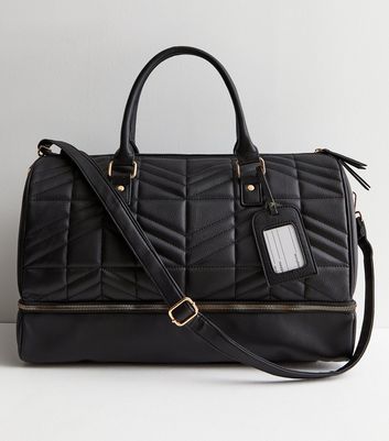 Black Quilted Leather Look Weekend Bag New Look