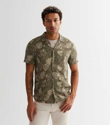 Olive Palm Leaf Revere Collar Short Sleeve Shirt