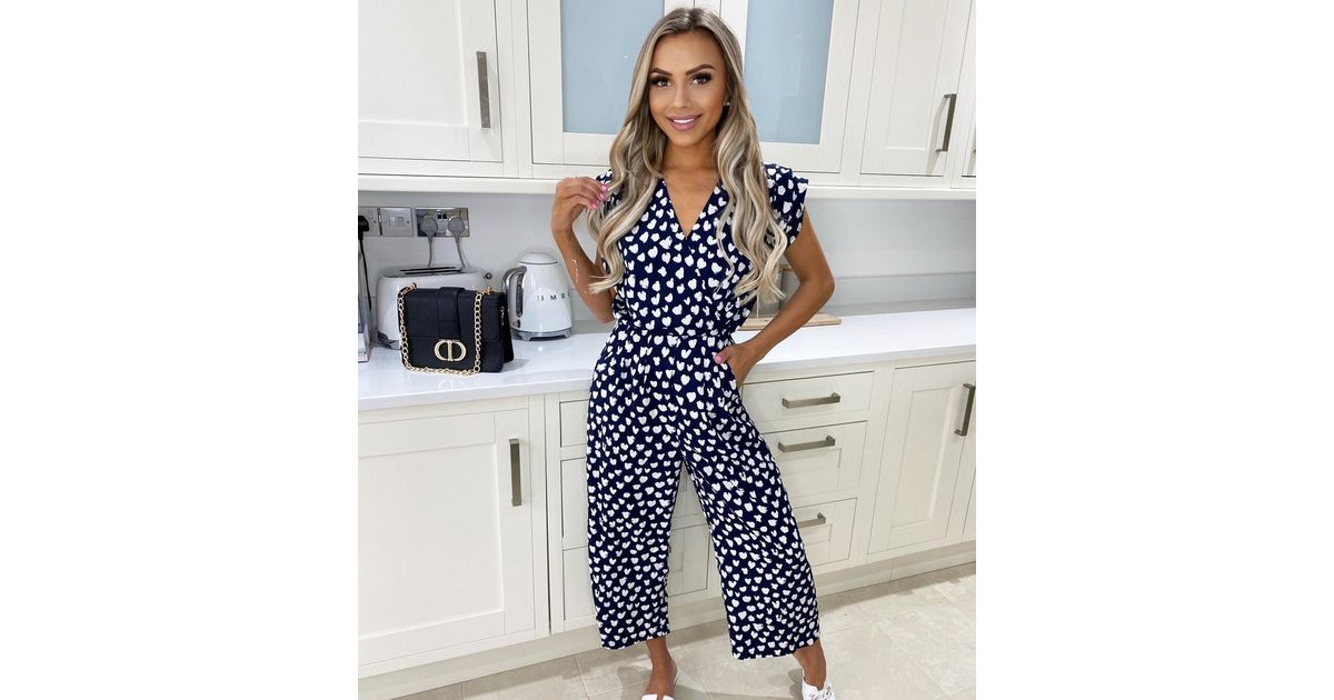 AX Paris Navy Heart Wide Leg Wrap Jumpsuit New Look