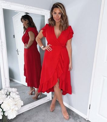 Red ruffle cheap wrap dress