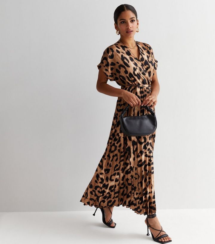 Petite Brown Animal Print Satin Pleated Midi Wrap Dress | New Look