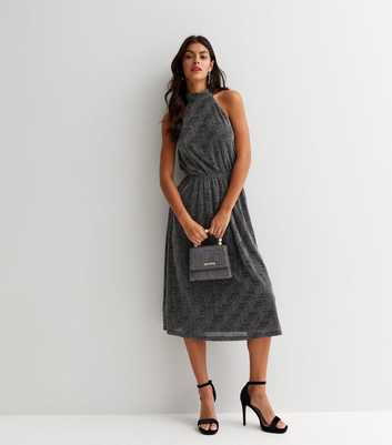 Blue Vanilla Silver Glitter Stripe Halter Neck Midi Dress