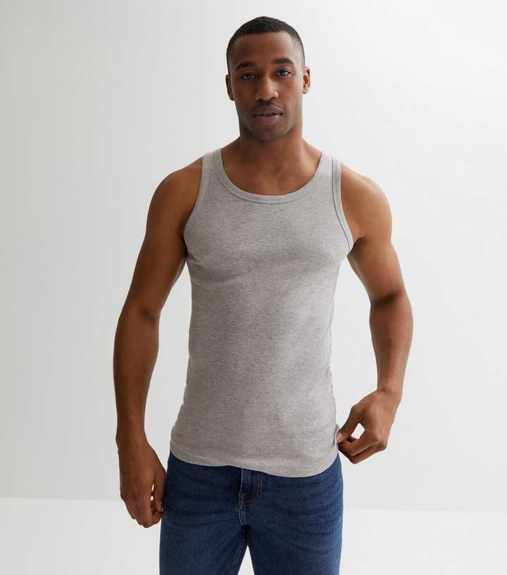 Grey Marl Ribbed Jersey Muscle Fit Vest