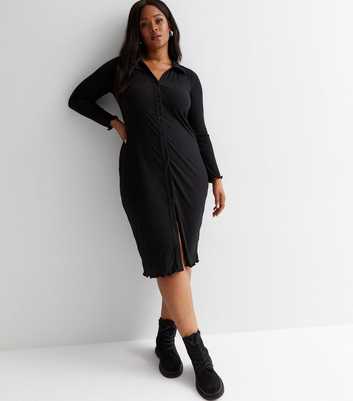 Curves Black Ribbed Knit Button Front Midi Polo Dress